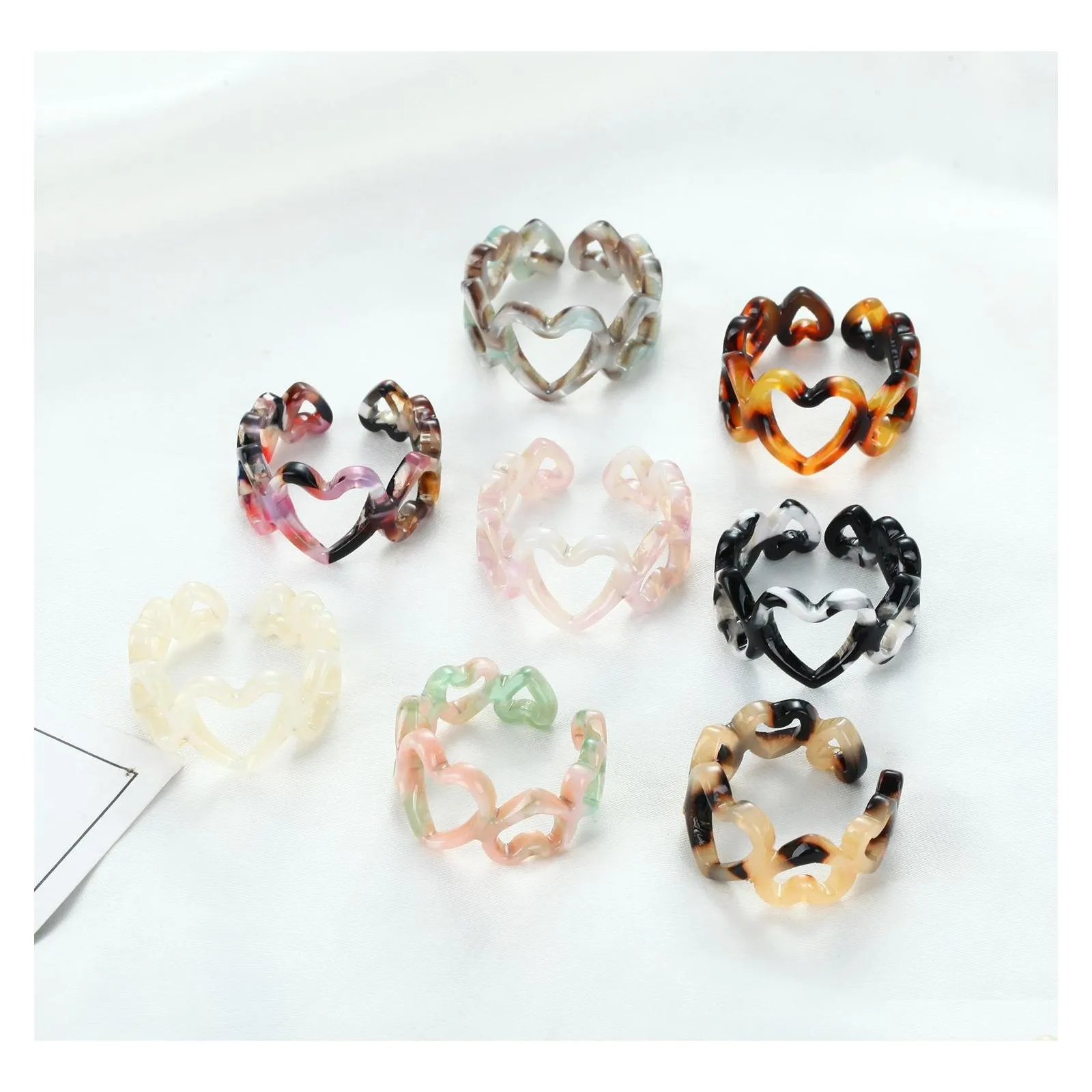 Bandringar Fashion Leopard Print Harts Acrylic Hollow Heart Chain Ring for Women Colourf Geometric Jewel Gifts Drop Delivery DHRZ5