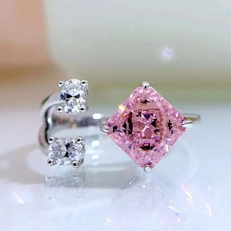 Klusterringar lyx silver 925 smycken bröllop rosa kvarts 7mm utstrålning kristaller diamant fina för kvinnans festförlovningsgåvor