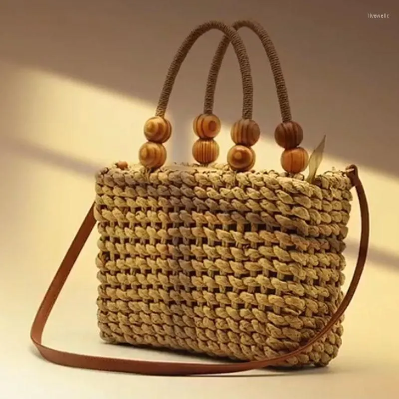 حقائب المساء مصممة الخشب حبة العشب Women Handbag حقيبة كتف بسيطة منسوجة الأزياء شاطئ شاطئ كبير السعة