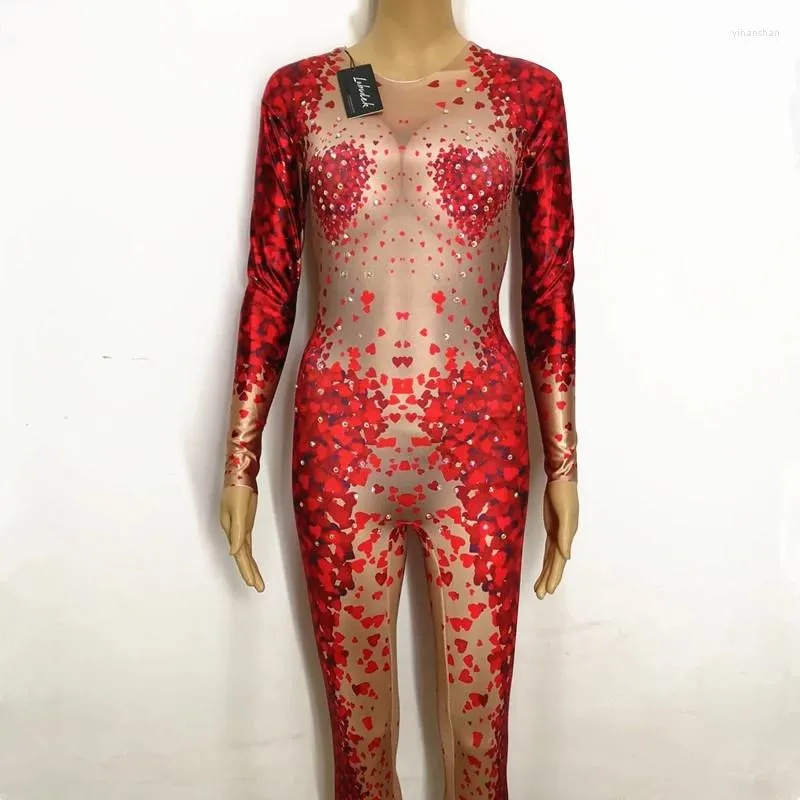 Stage Wear Nightclub Female Pole Dancing Costumes Leading Dancer DJ Sexig Performance Red Printing Leotard Jumpsuit