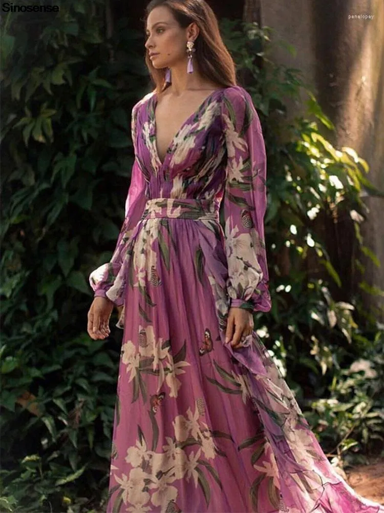 Casual Dresses Spring Autumn Floral Print Maxi Dress Sexy V Neck Long Sleeve Unique Loose Summer Boho Elegant Flowy Party