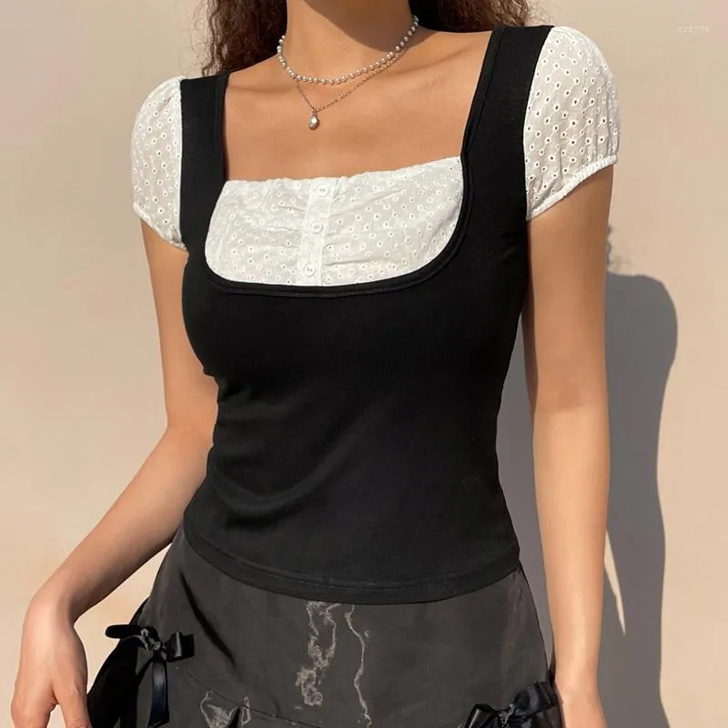 Serbatoi da donna Xingqing Y2k Colletto quadrato Patchwork Crop Tees Casual Vintage Kawaii Bottoni Top Maniche corte Moda Camicie coreane sottili