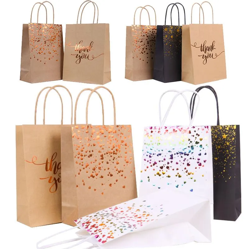 Presentförpackning 6st Hantera Kraft Paper Påsar Tack förpackningsväska för födelsedagsbröllopsguldfolie Favor Home Party Supplies