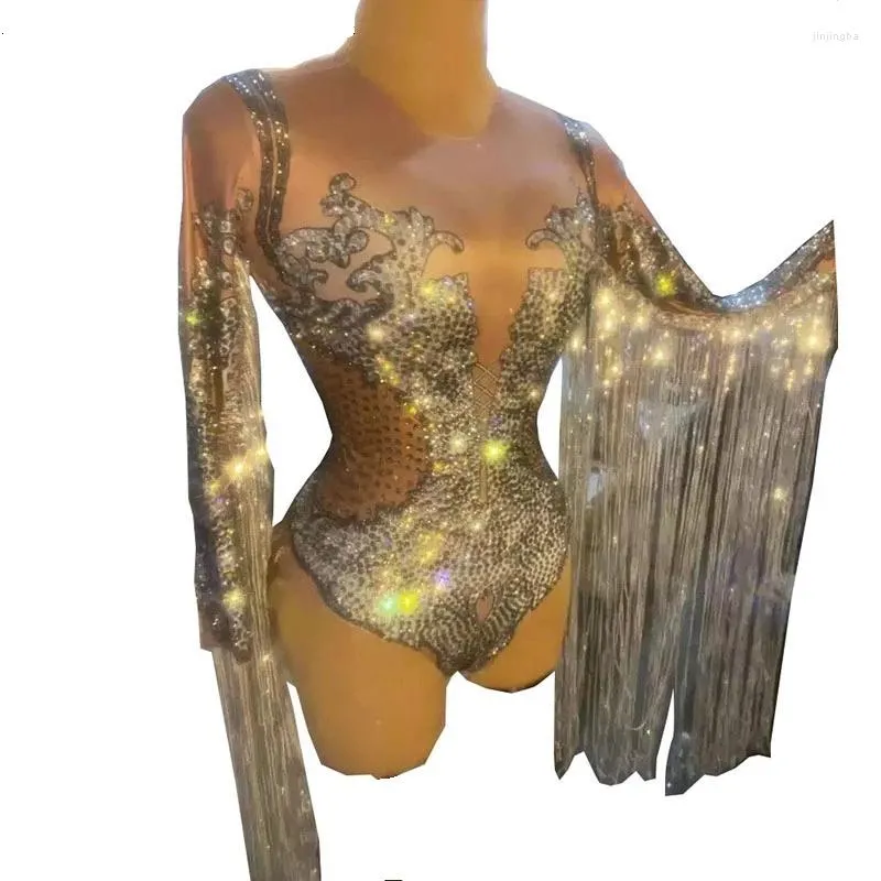 Odzież sceniczna świecące cyrkonie cekiny frędzle body kobiety Bodycon klub tancerz Tassel trykot Party Show kostium taneczny