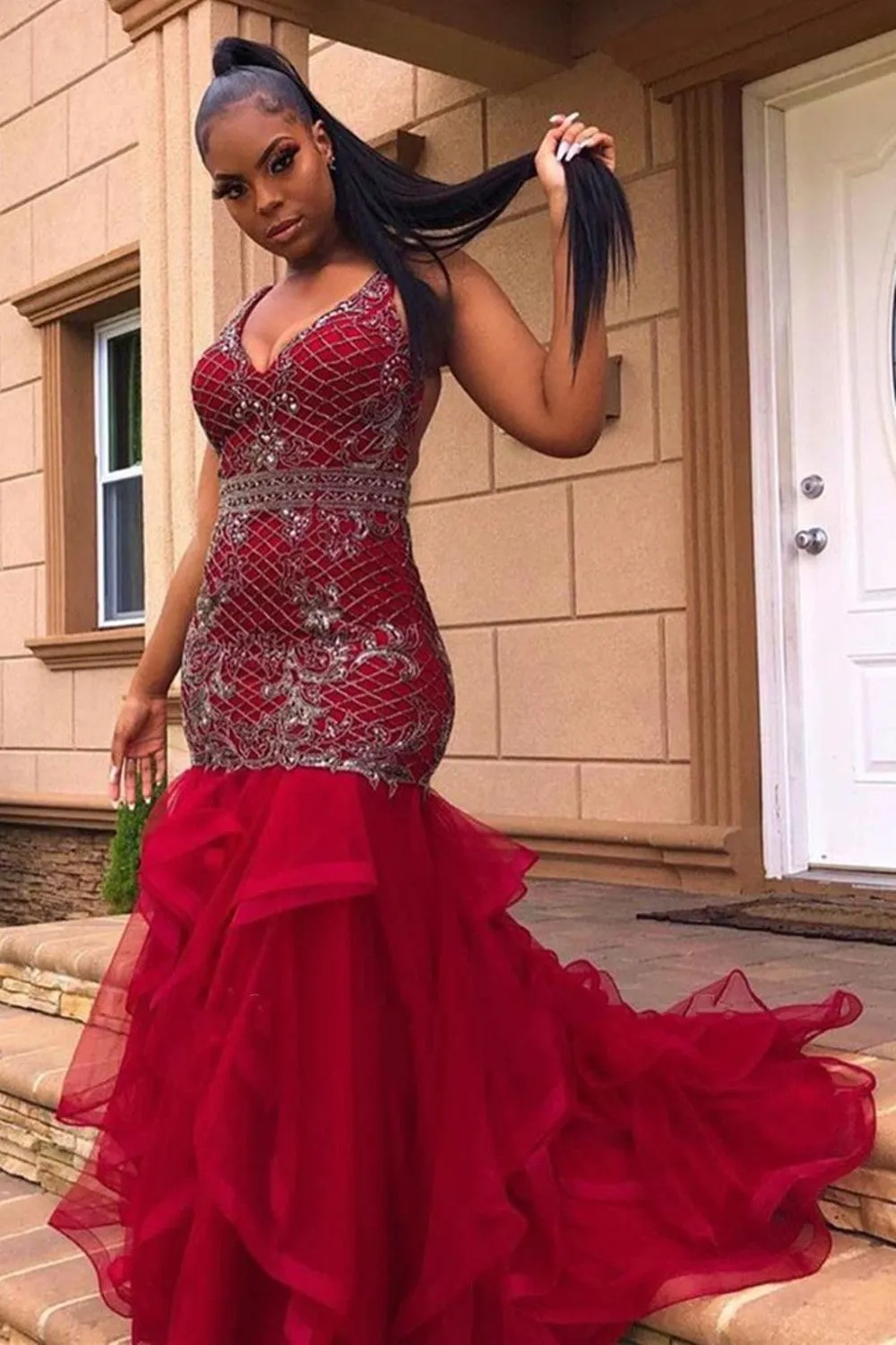 2023 African Womens Sequin Lace Applique Mermaid Red Mermaid Prom Dress With Halter Back And Tiered Glitter Perfect For Bridal Parties And Formal Evening Events From Chicweddings 127.73 DHgate.Com