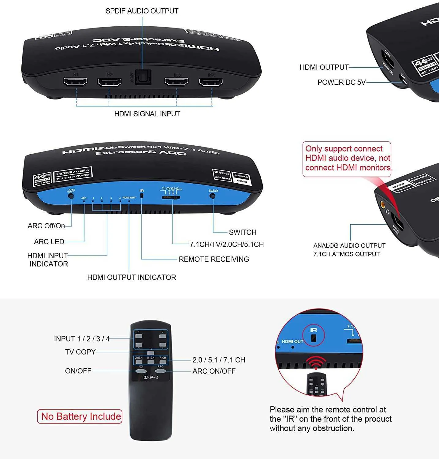 HDMI Switcher 4 w 1 Out SeparationArarc Dolby Panoramic Sound 4K60Hz 7.1 Kanał