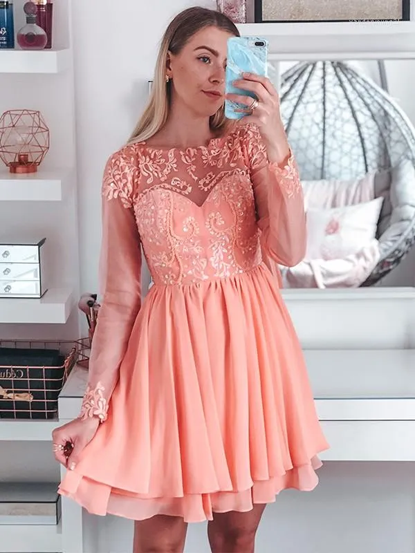 Party Dresses Sexy Sheer Coral Cocktail With Full Sleeve Beaded Appliques A Line Mini Short Homecoming Dress For Girl Graduation