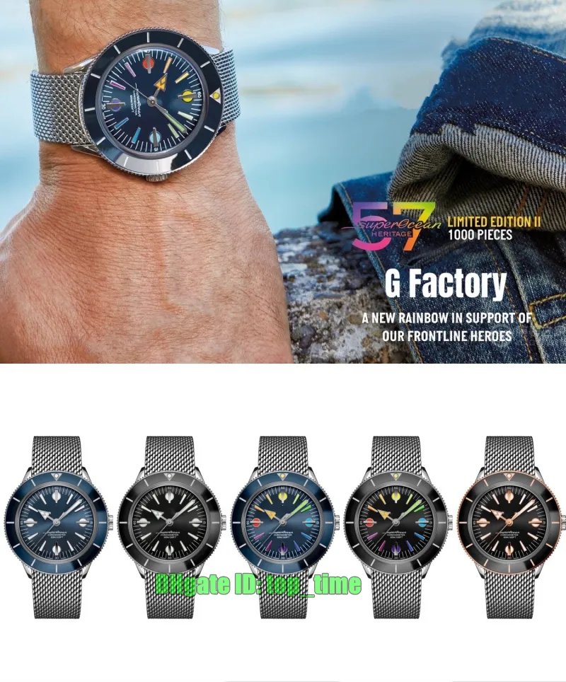 GF Factory horloges 42 mm Superocean Heritage '57 Le II 'Rainbow' Automatische mechanische heren Bekijk blauw / zwarte wijzerplaat rubberen bandjes polshorloges