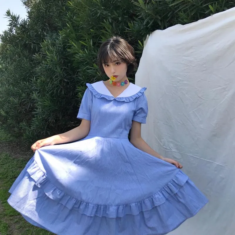 Party Dresses College Style Sweet Lolita Dress Vintage Ruffled Puff Sleeve Falbala Stripe Victorian Kawaii Girl Gothic Op Loli