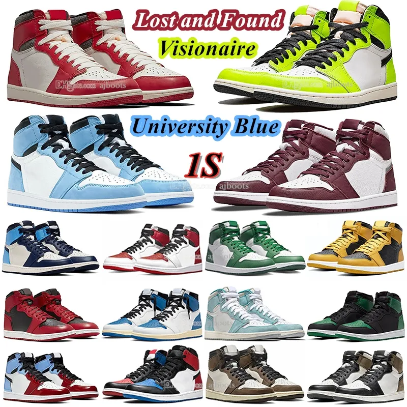 Scarpe da basket Mens Jumpman 1 Retro High OG 1s Leather Lost and found Visionaire uomo donna Sneakers University Blue Patent Bred Gorge Green Black White Trainers