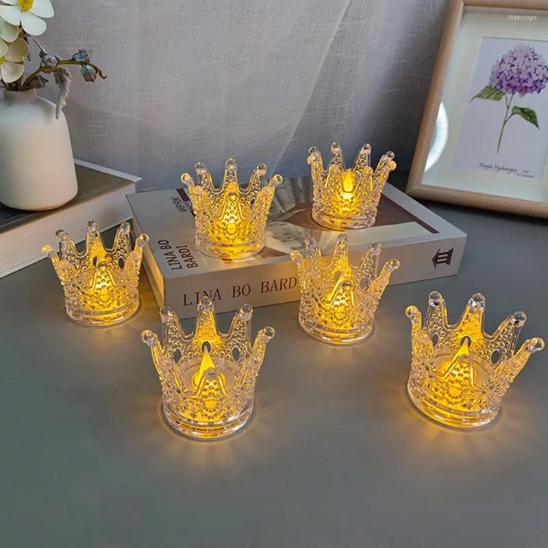 Night Lights 6pcs Atmosphere Light Desktop Ornaments Flameless LED Crown Crystal Candlestick For Home Living Room Christmas Party Decor Gift