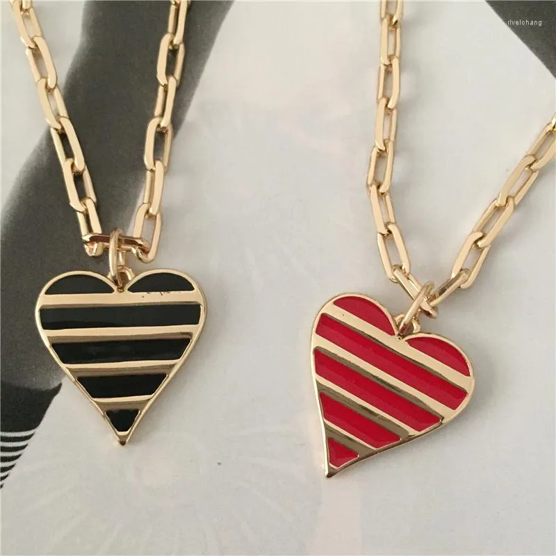 Pendant Necklaces Trendy Gold Color Plating Black Red Enamel Stripe Heart Necklace For Women Girl Elegant Gorgeous Jewelry Accessory