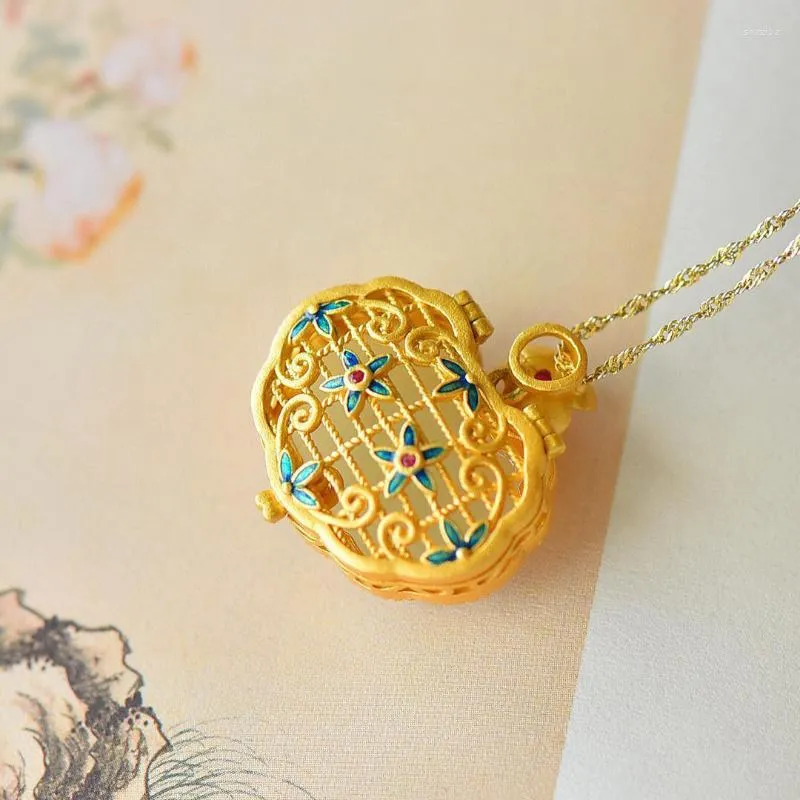 Chains Ancient Gold Craft Inlaid Rhyme Hollow Flower Necklace Natural Hetian Jade Pendant Jewelry Can Open The Gawu Box