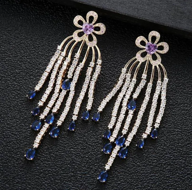 Dangle Boucles D'oreilles Lustre Europe Style Fleur Goutte Gland Longue Personnalité Tendance Mode Magnifique Femmes Violet Bleu Floral Luxueux Oreille