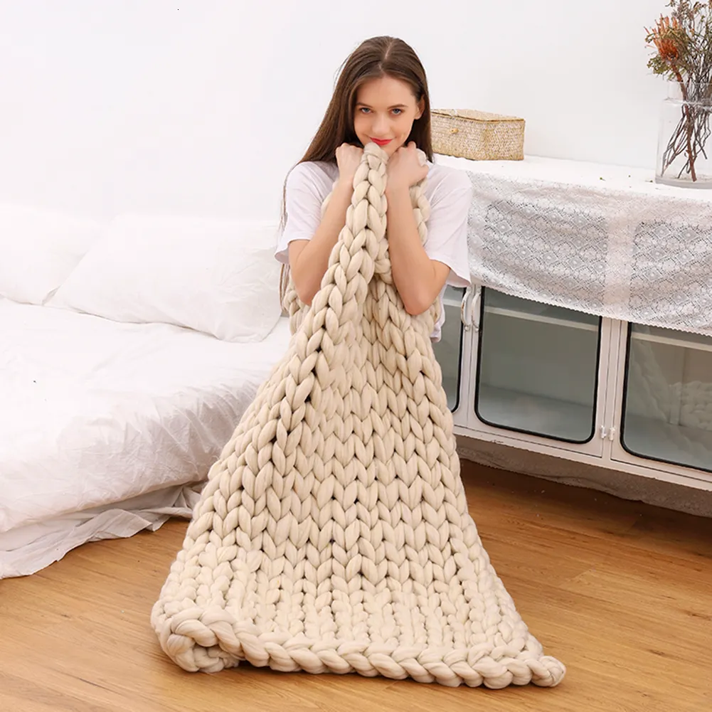 Chunky Knit Throw Blanket Woven Hand Knitted Sofa Bed Blanket Winter  Handmade Knitting Soft Warm Thick Yarn Knitted Blanket Home Bed Decor