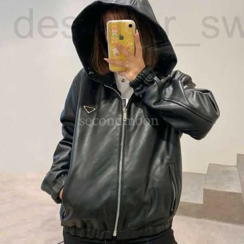 Women's Jackets Designer PU Leather Women Triangle Badge Decoration Jacket Long Sleeve Hooded Coat Street Style Outerwear J8AU