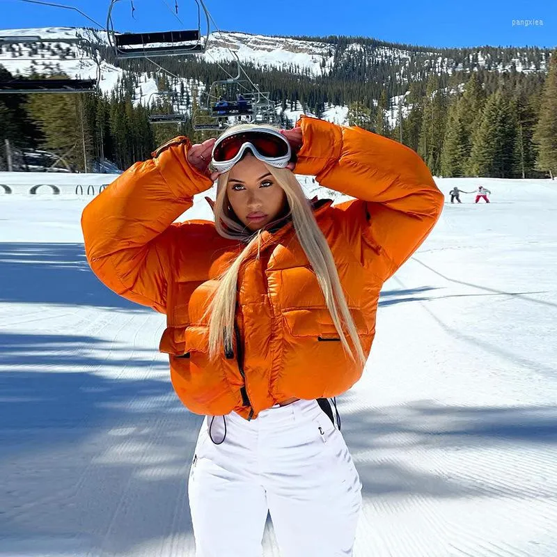Damesgeul Lagen Puffer Jacket Parka Zip omhoog Katoenjacks 2023 Winterkleding Ski -pak Orange Bubble Coat Warm Solid Color Casual