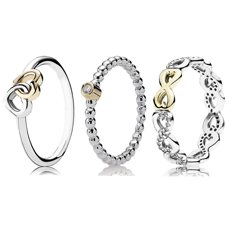 925 Silver Women Fit pandora Ring Original Heart Crown Fashion Rings Two Tone Infinite Love Entwined Hearts Silver Beads