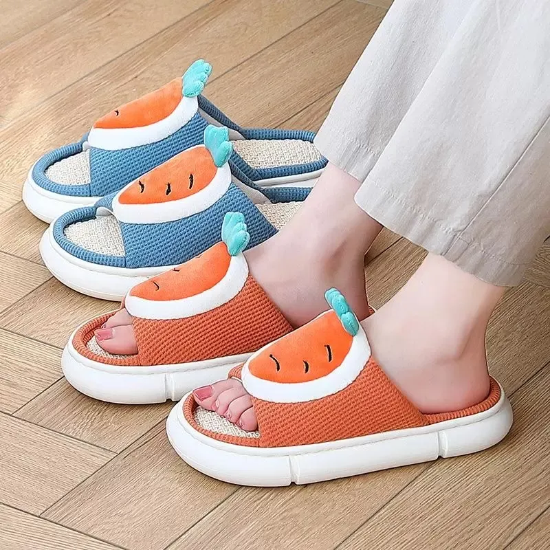 Pantoufles chambre mignon dessin animé carotte femmes printemps été respirant dames lin diapositives étage Couples chaussures