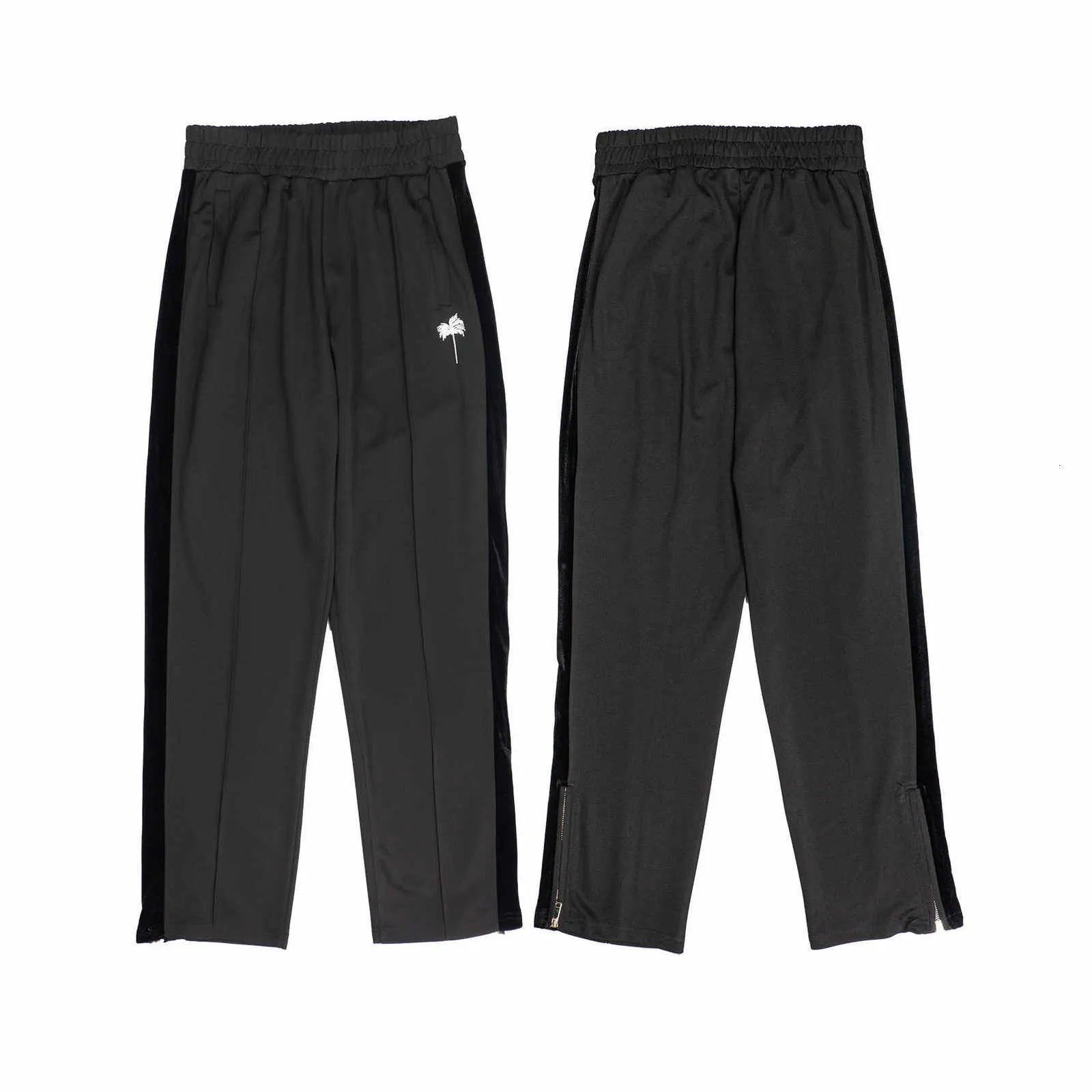 Arbre noix de coco brodé sport loisirs pantalon jambe fermeture éclair taille ample côté Veet ruban noir tendance