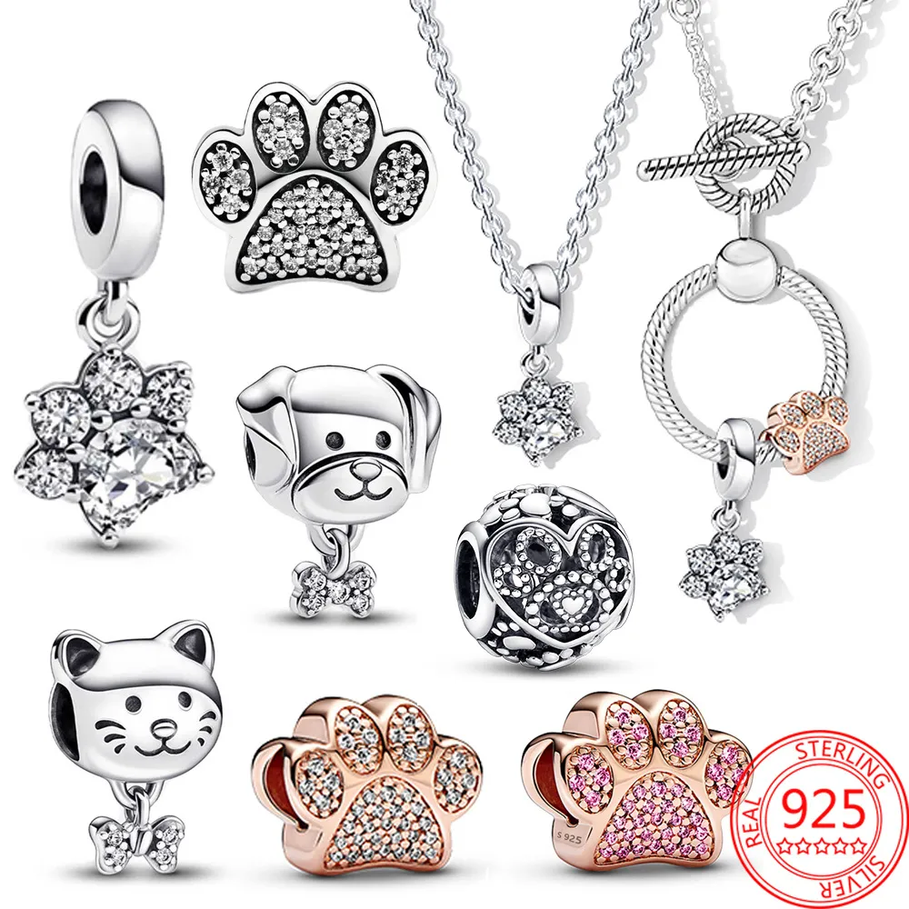 Pandora Pet Kolye S925 STERLING Gümüş Köpek Kedi ve Kürk Baskılı Takı Cazibesi Bilezik için uygun DIY Moda Takı