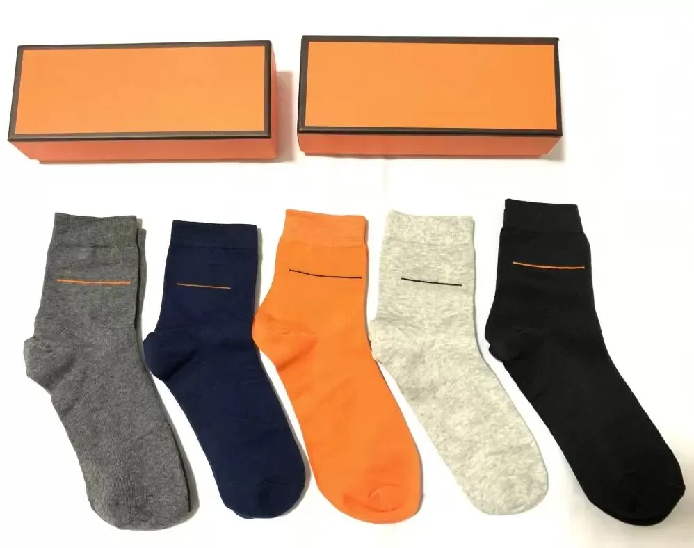 2023 Socken für Herren und Damen, luxuriöse Baumwollsocken, klassische Kutsche, hochwertige Strümpfe, bequem, warm, 5 Paar/orange Box N1