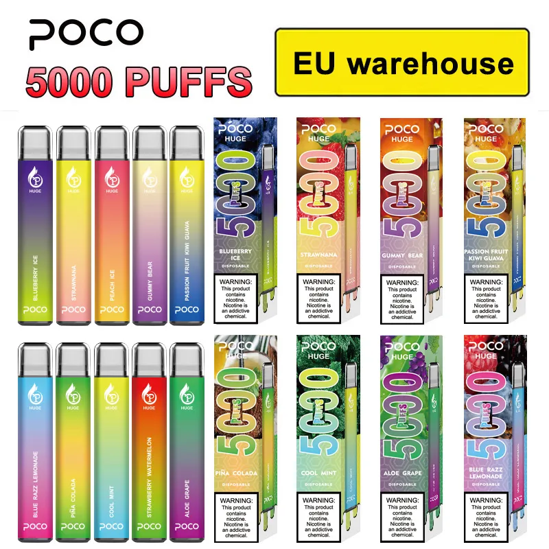 EU-lager Eletronic Cigarett Original Mesh Coil 5000 puffar Poco Huge Disposable Vape Pen-patron Uppladdningsbar 15ML 10-färgsenhet Vapor-penna Vaporizer