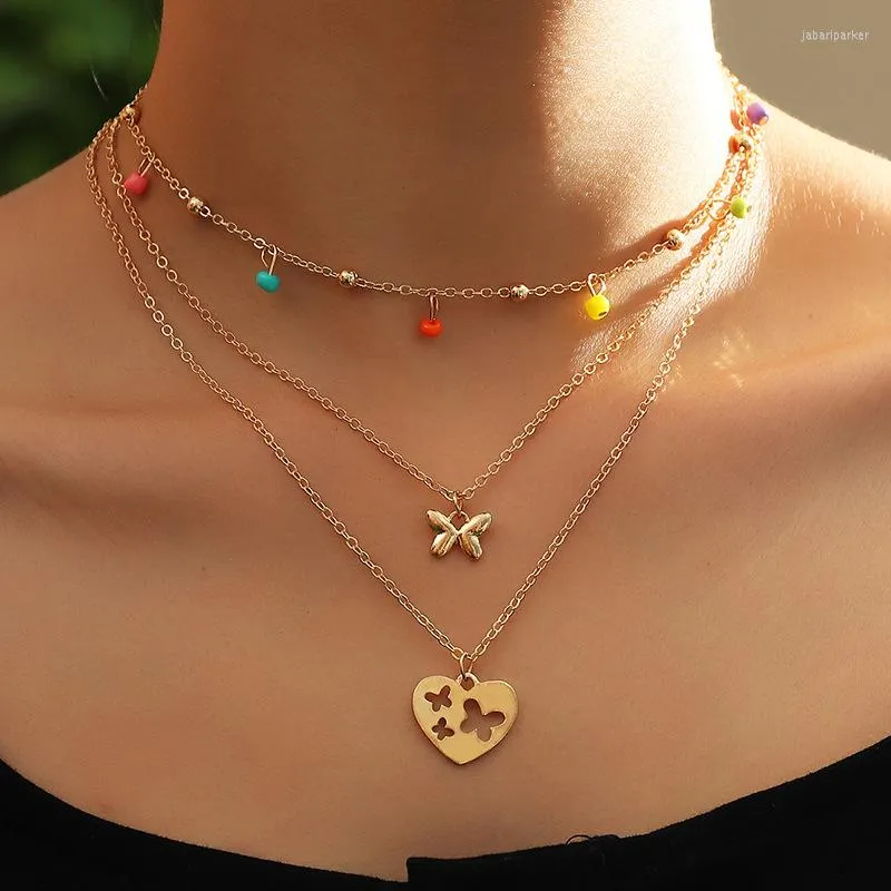 Hanger kettingen mode goud voor vrouwen boho hart holle vlinder kleurrijke kralen kwamen kwellen multi -lay ketting sieraden