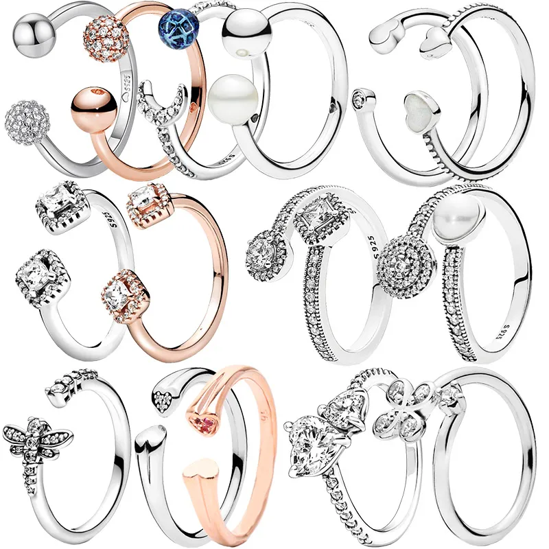 925 Srebrne kobiety Pierścień Oryginalne Crown Crown Rings Rose Gold Heart Moon Pearl Clover Dragonfly Clear Zircon CZ Open