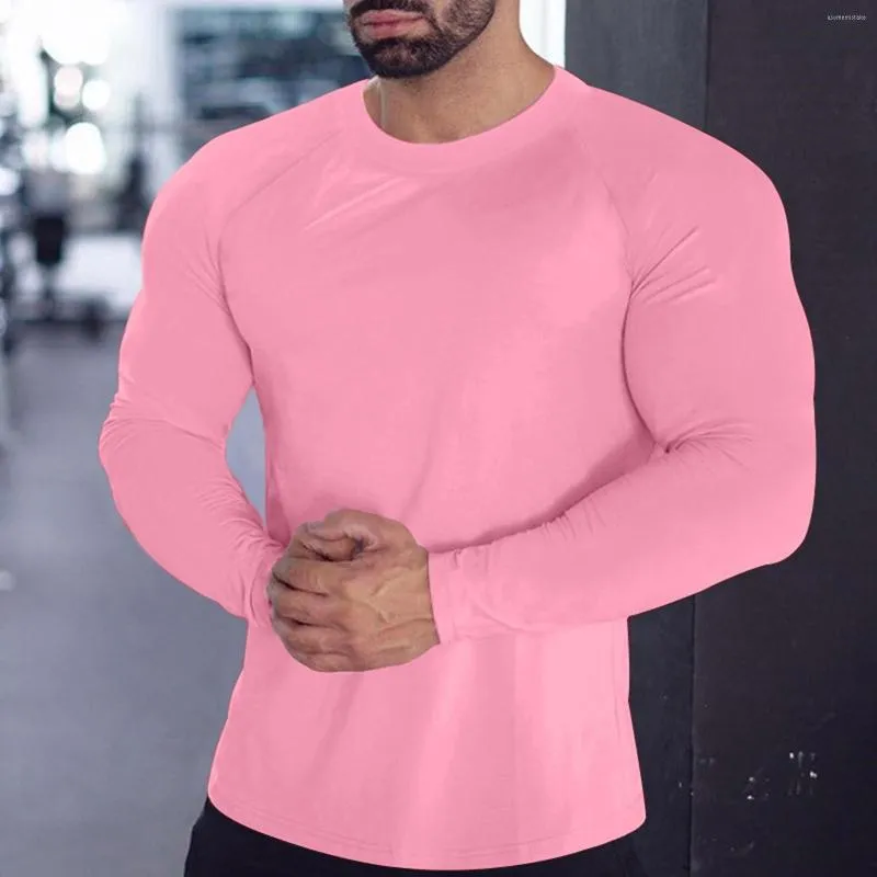 Camisetas masculinas machos de primavera e fitness esportes de fitness de fritura rápida camisa de manga comprida pescoço redonda cor sólida cor de fundo elástico apertado