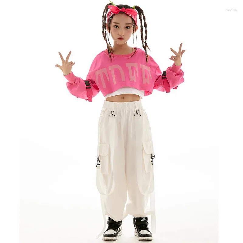 2022 Jazz Dance Costume For Girls Crop Tops Pants Pink Kpop Hip-Hop  Performance Outfits Kids Hip Hop Clothing Stage Wear BL9495