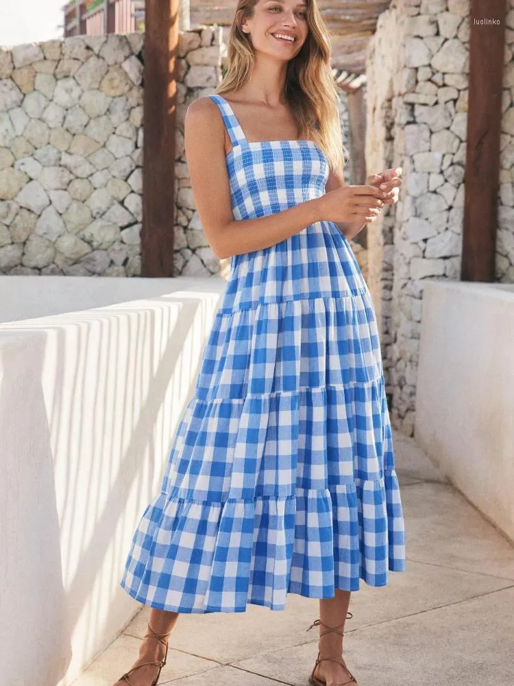 Casual Dresses Vintage Spring Sexig lång klänning Plaid Fashion Elegant fyrkantiga halsar Slip Backless Stripe 2023