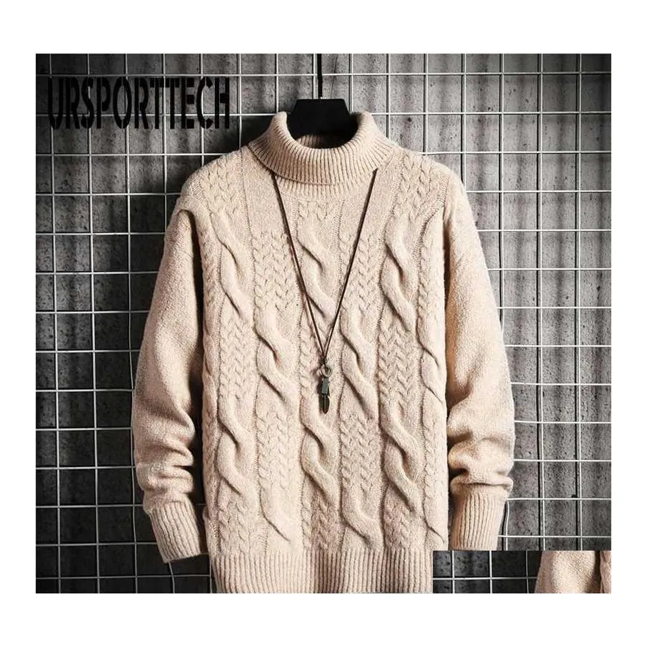 Men'S Sweaters Ursporttech Turtleneck Sweater Mens Wool Knit Plover Male Oversized Turtle Neck Twisted Pattern Men Sweter Pl Jumper Dh1V9