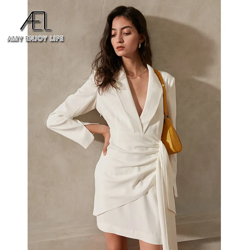 Casual Dresses Ael French Party Women Spring Elegant sjal krage slits långärmad sexig damer kostym minidress vit 230303