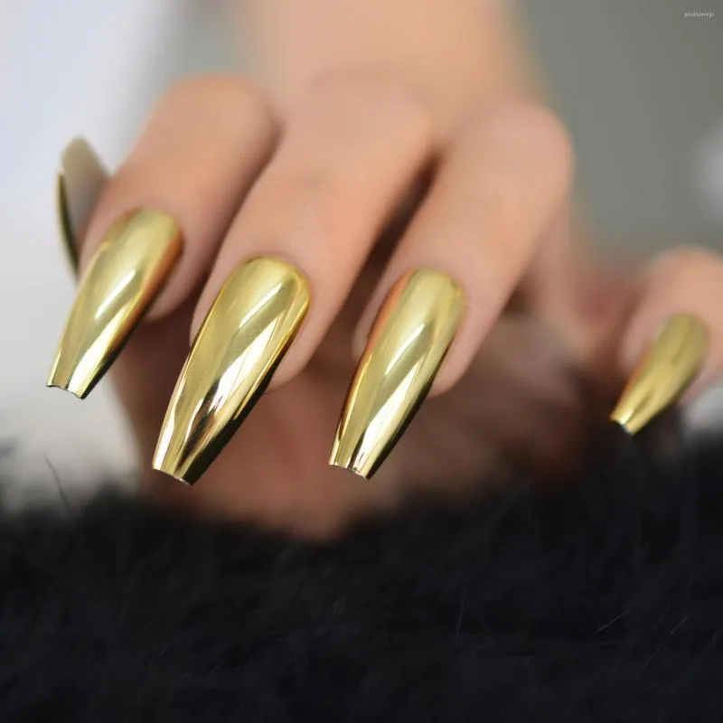 False Nails Shiny Punk Style Metallic Gold Color Fake Metal Plating Acrylic Long Reflective Mirror Press On Finger Nail Art Tips