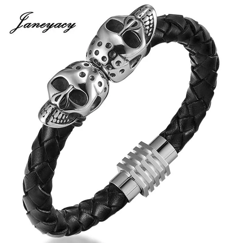 Link Armbänder Janeyacy 2023 Echtes Leder Skeleton Schädel Edelstahl Schmuck Herren Armband Geschenk Für Junge Kette