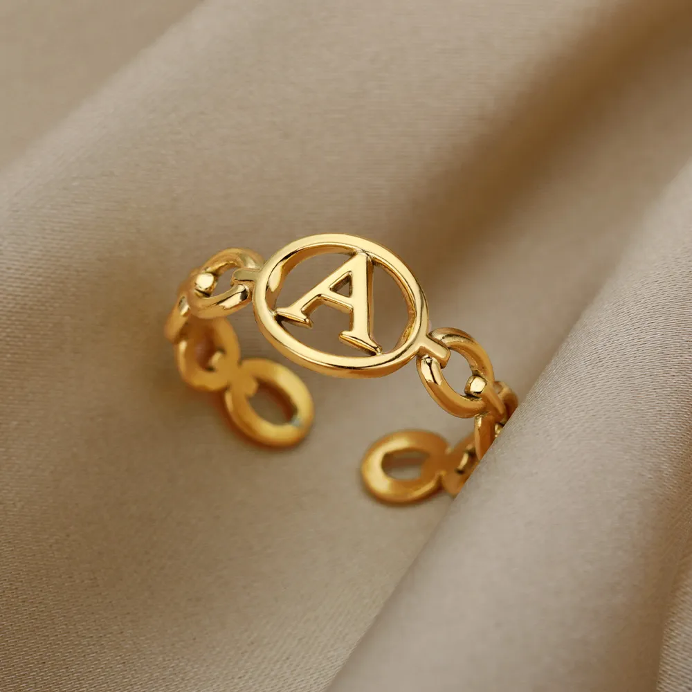 Puste początkowe pierścienie literowe dla kobiet ze stali nierdzewnej złoto ogniw regulowany pierścionek Pierścień żeński estetyczny prezent biżuterii