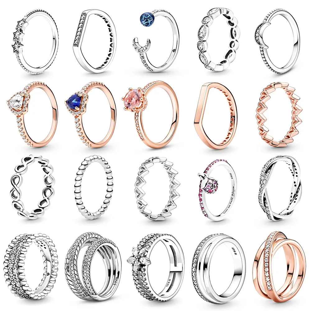 925 zilveren vrouwen passen pandora ring originele hartkroon mode ringen mousserende sneeuwvlok dubbele ring crescent maan kralen