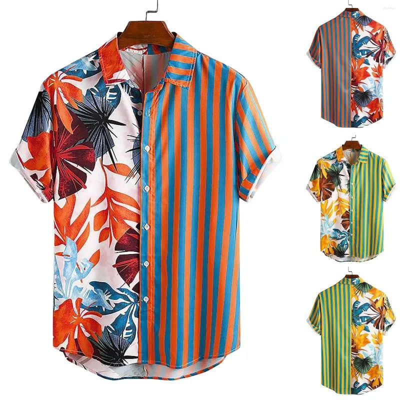Camisetas masculinas tendência masculina estampa de lapela impressão havaiana de peito único de retalhos de retalhos Moda de moda de férias respirável botão de flor