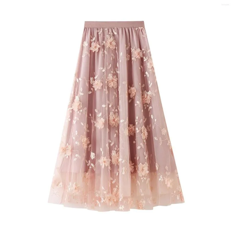 Skirts 2023 Fashion Women's Long Tulle Casual High Waist Pleated 3D Flower Embroidery Solid Color Ladies Girls Midi Swing