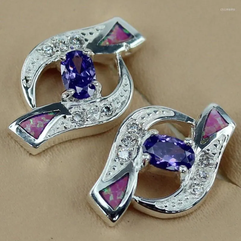 Orecchini a bottone SHUNXUNZE Accessori per gioielli da sposa vintage per le donne Zirconi viola e opale rosa placcato rodio R4106