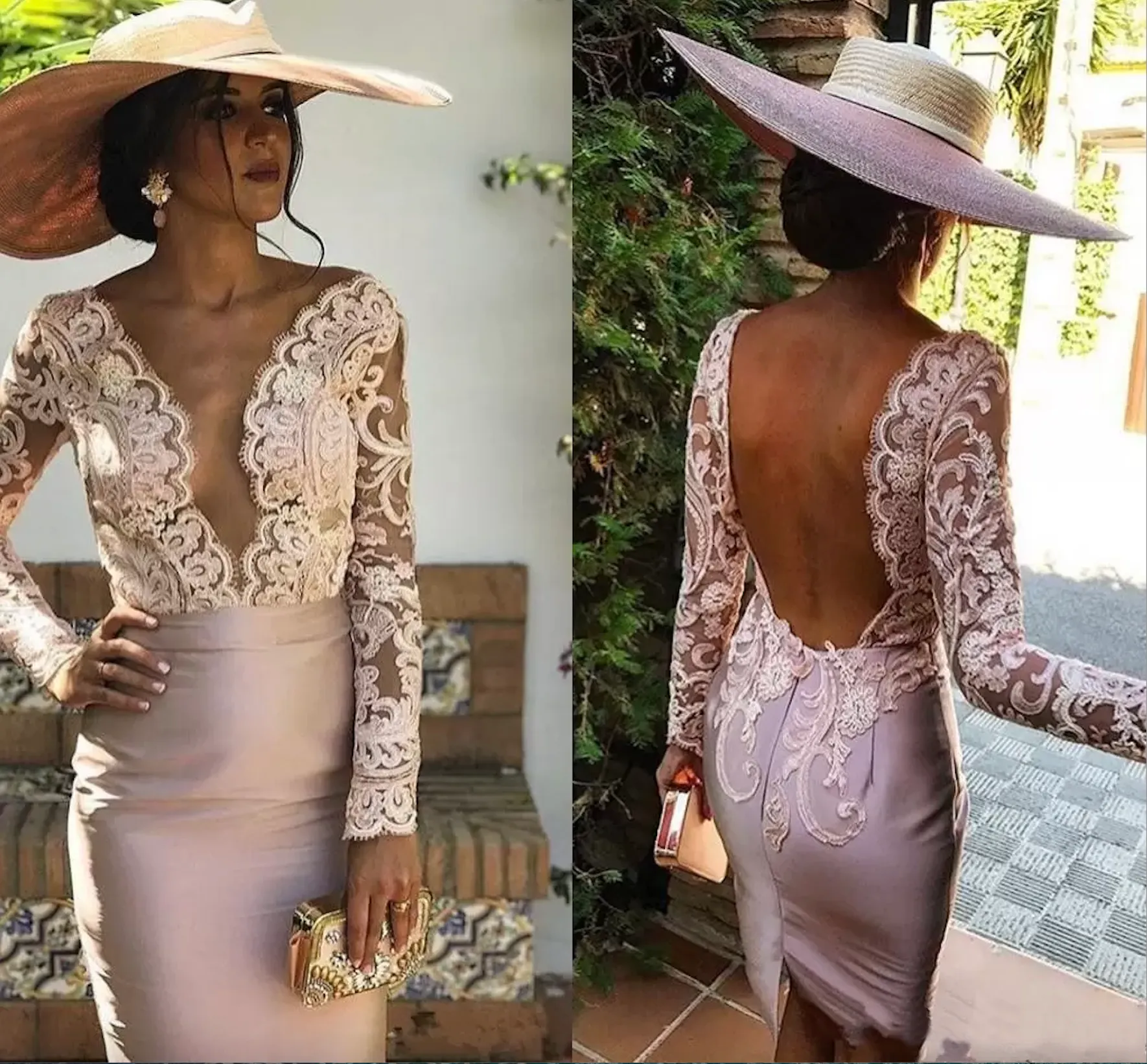 Gaine en satin rose mère de la mariée robes col en V profond manches longues robe de bal courte dentelle appliques dos nu robe de soirée cocktail