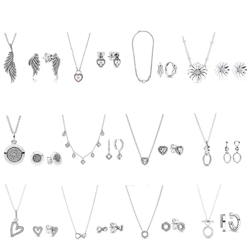 새로운 인기있는 925 Sterling Silver Necklaces Ear Kit, Panditive Pandora DIY Carved Women 's Jewelry 선물을 무료 배달