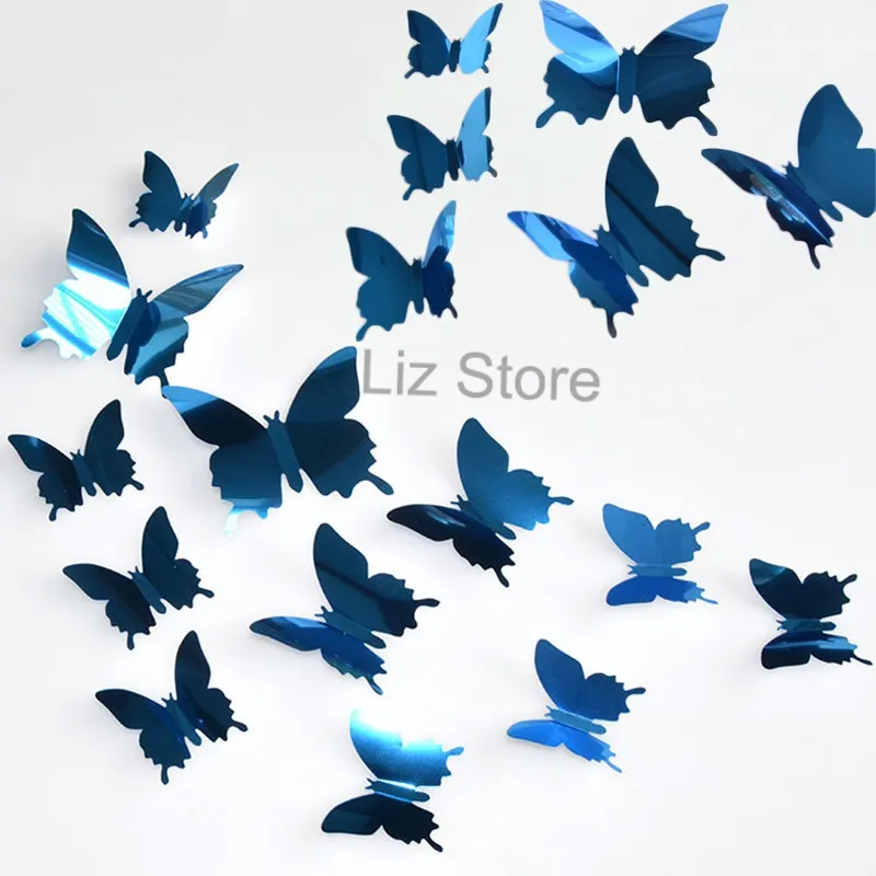 Décoration de la maison papillon Stickers muraux 12 pièces/ensemble bricolage miroir Surface 3D papillon mariage salon décor papillon autocollants TH0773