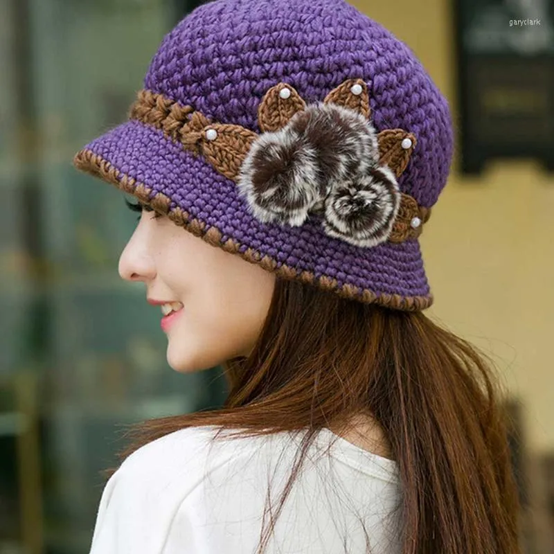 Berets Ladies Beanie Hat Women Autumn Winter Crochet Knitted Flowers Decorated Ear Warm Hats Casual Soft Ski Bonnet Female Wool Cap