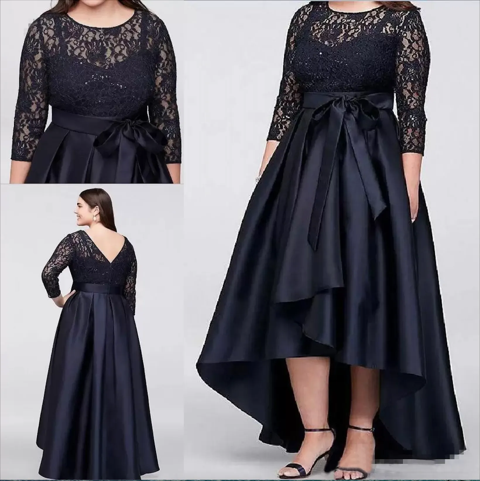 Preto plus size alta baixa mãe da noiva vestidos com meia mangas pura renda vestidos de noite a linha barato formal mãe vestido