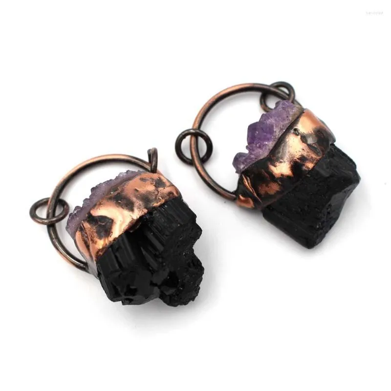 Hänge halsband 3st kvalitet oregelbunden helande sten naturlig svart turmalin rock amethyst crystal cluster vintage pläterad