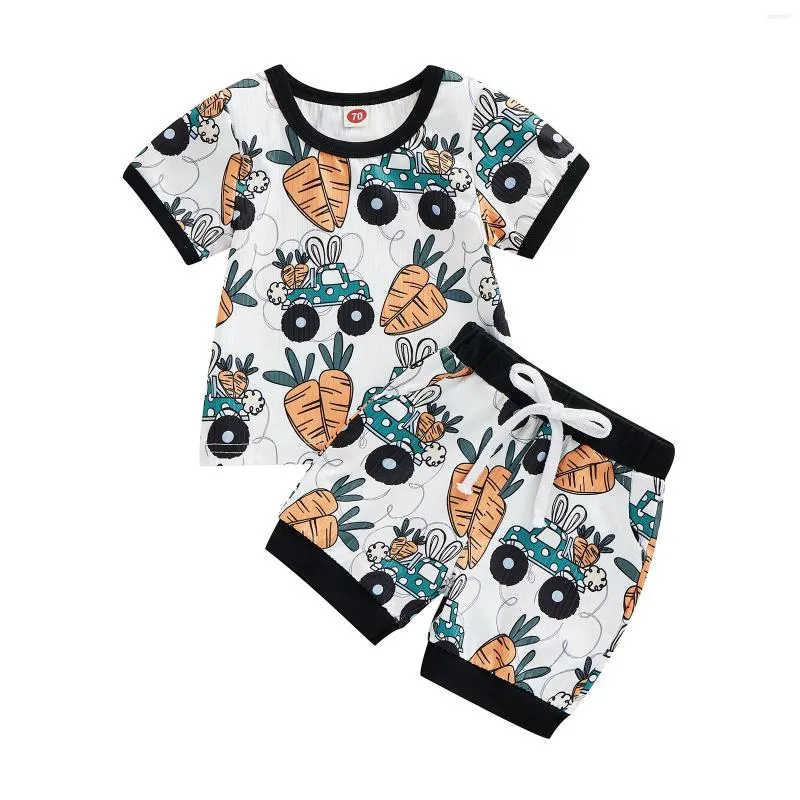 Completi abbigliamento 2023 0-3Y Pasqua Baby Boys Set Manica corta Carote Stampa Patchwork Girocollo T-shirt Elastico in vita Pantaloncini Estate