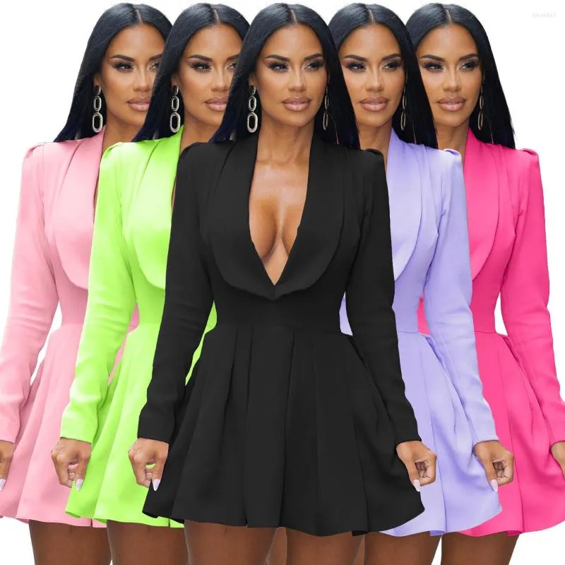 Robes décontractées élégantes Mini Blazer robe femmes travail Club Colorblock taille haute à manches longues fête Vestidos Streetwear