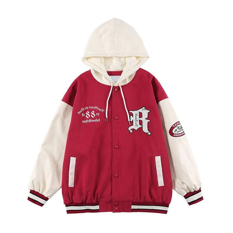 Herrjackor svart röd överdimensionerad vintage varsity jacka män läderhylsa med huva r bokstav broid tunna retro baseball bombplan coat unifor